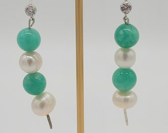 Green peruvian amazonite,  fresh water pearls, cubic zirconia and sterling silver dangle/drop earrings.