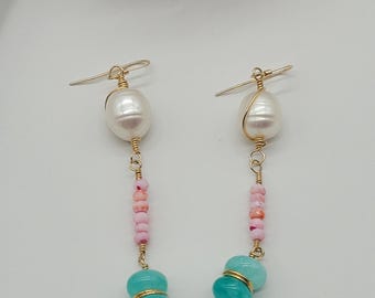 Teal Amazonite Dangle Earrings: Pink Opal & Freshwater Pearl