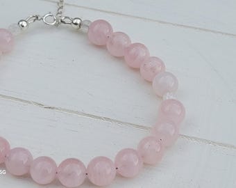 Pink Rose Quartz Beaded Bracelet: Sterling Silver Gemstone Jewelry