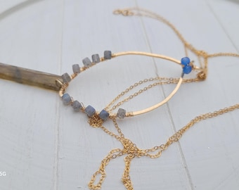 Gold Filled Labradorite Pendant Necklace: Faceted Cube & Agate Beads