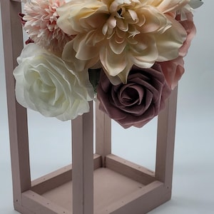 wedding/bridal shower table centerpiece decorations. Handmade painted wooden floral lantern centerpiece topped with artificial flowers. pink