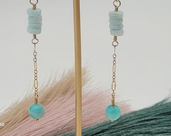 Amazonite & Opal Dangly Earrings: 14k Gold Filled, Teal Gemstone