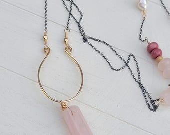 Rose Quartz Pendant Necklace: Rhodochrosite, Pearl, Oxidized Sterling Silver, 14k gold filled, mixed metal.