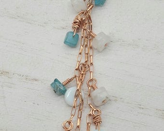 Rose Gold Apatite Opal Moonstone Pearl Necklace, Gemstone Beaded Pendant Jewelry