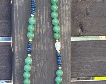 Collar de cuentas de aventurina verde: lapislázuli y ágata, chapado en oro de 14 k