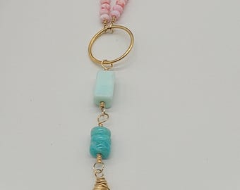 Pink Opal & Amazonite Necklace: 14k Gold Filled Wire Wrapped Gemstone Pendant