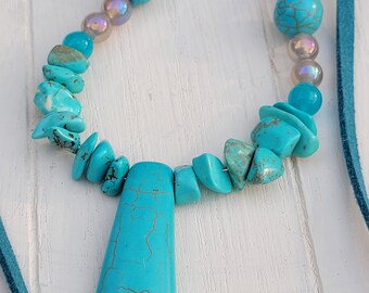 Turquoise Pendant Necklace: Agate & Jade Beads, Boho Suede Rope
