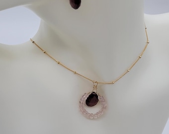 Conjunto de joyas de cuarzo vino ciruela y cuarzo rosa: chapado en oro de 14 k