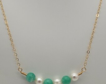 Peruvian Amazonite Necklace: Green Gemstone & Pearl, 14k Gold Filled