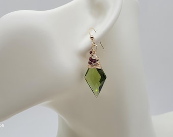 Peridot Quartz Dangle Earrings: 14k Gold Filled Wire Wrapped Garnet Gemstones
