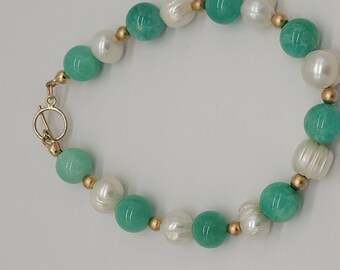 Peruvian Amazonite Bracelet: Freshwater Pearl & 14k Gold-Filled Beads