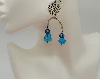 Blue Agate Gemstone Earrings: Brass Boho Hippie Dangle Earrings