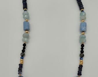 Multi-Gemstone Beaded Necklace: Kyanite, Opal, Aquamarine, 14k Gold Filled