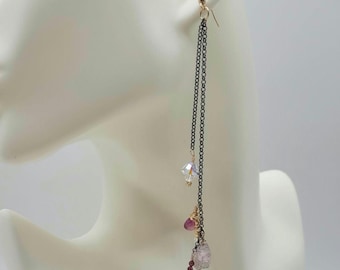 Pink Sapphire Lepidocrocite Garnet Dangly Earrings, 14kGF Mixed Metal, Swavorski Crystals