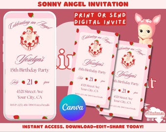 Sonny Angel Birthday Invitation | Edytowalny szablon imprezy truskawkowej | Urocze cyfrowe zaproszenie Kawaii dla Canva | Natychmiastowe pobranie