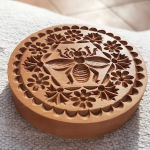 Hand carved pear wood cookie mold,  springerle mold, gingerbread mold, cookie stamp with honey bee design