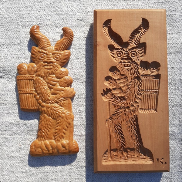 Hand carved gingerbread mold with krampus design