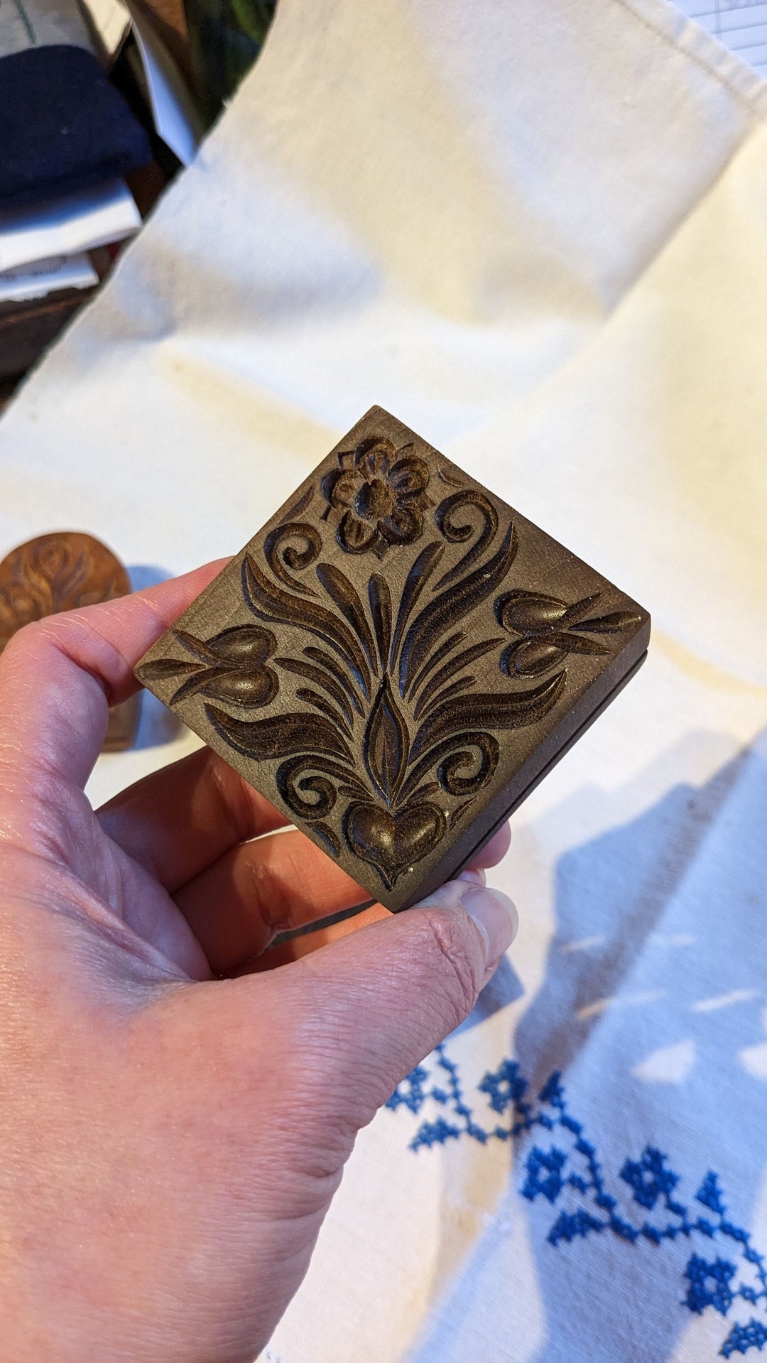 Hand Carved Wooden Cookie Stamp With Cutter. Springerle Mold