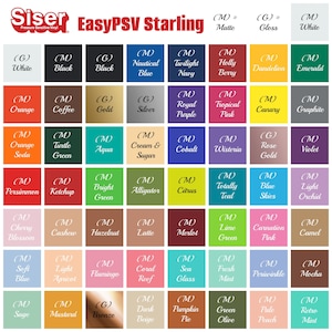 May include: A color chart of Siser EasyPSV Starling pressure sensitive vinyl. The chart shows 48 different colors, with each color labeled with its name and whether it is a matte (M) or gloss (G) finish. The colors are arranged in a grid of 6 rows and 8 columns.