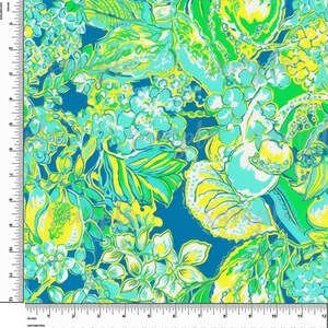May include: A vibrant blue background with a floral pattern in shades of green, yellow, and white. The design features large leaves, small flowers, and abstract shapes.
