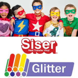 May include: A group of children dressed in superhero costumes, wearing capes and masks. The children are smiling and embracing each other. The image also includes the Siser Heat Transfer Vinyl logo and the word "Glitter".