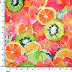May include: A watercolor pattern featuring bright pink flowers, green kiwi slices, and orange citrus fruit slices. The background is white.