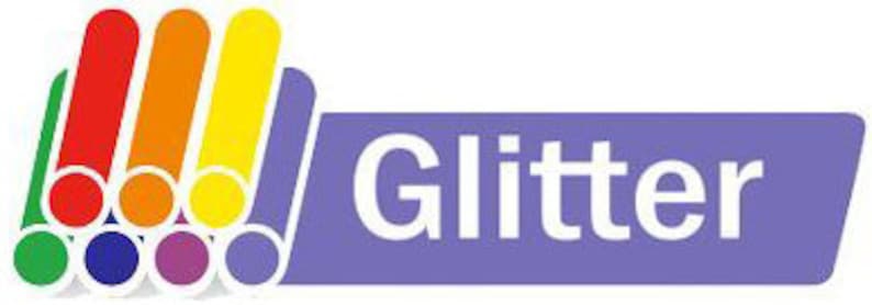 May include: A logo featuring the word "Glitter" in white text on a purple rectangle. To the left are colorful, vertical tubes in green, red, orange, yellow, and purple, suggesting a rainbow color scheme.