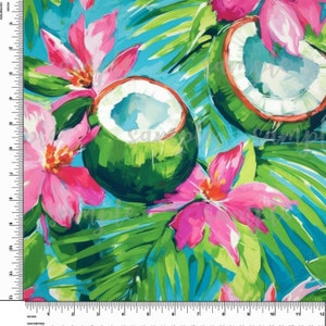 Noix de coco, fruits, fleurs. Thème BCBG. Tropical. Lilly P inspiré. Vinyle à motif imprimé. Adhésif ou vinyle de transfert thermique (HTV). Conception #141