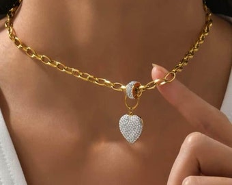 Heart, Rhinestone Yellow Gold Stainless Steel necklace for women