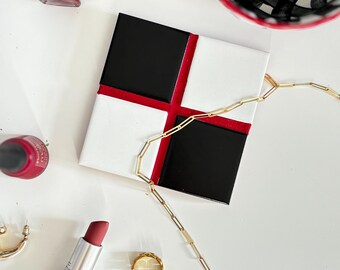 BORDEAUX Checkered Black/White Tile Coasters with Red Detail (2 COASTERS per order)
