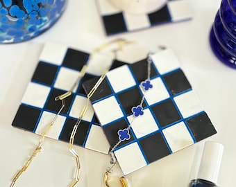 ATHENS 4x4 Checkered Ceramic Tile Coasters with Blue Detail ( 2 COASTERS per order )