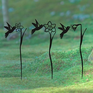 Op de afbeelding: Vier zwarte metalen silhouetten van kolibries die in de buurt van narcissen zweven. De silhouetten zijn bevestigd aan lange metalen stelen.