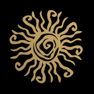 May include: A stylized gold sun with a swirling center and radiating rays. The sun is on a black background.