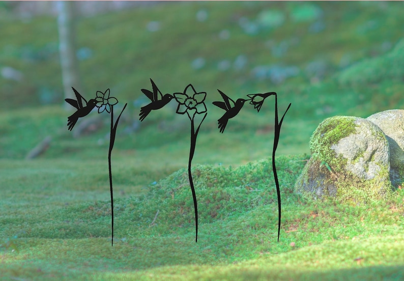 Op de afbeelding: Vier zwarte metalen silhouetten van kolibries die in de buurt van narcissen zweven. De silhouetten zijn bevestigd aan lange metalen stelen.