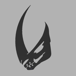 May include: A black and white stylised illustration of a Mandalorian symbol, a crescent moon with a stylised skull inside.