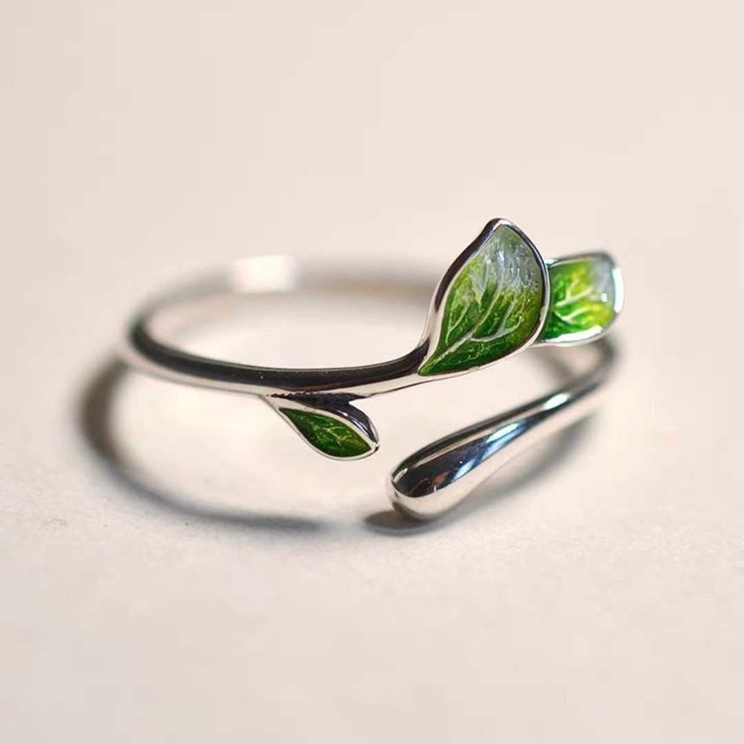 Dainty Leaf Ring, S925 Sterling Silver Leaf Ring, Green Leaf Ring