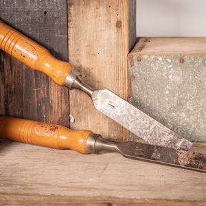 Pair Vintage Firmer Chisels 1” & 3/4” | Cast Steel Bevel Edge Chisels | Turned Wooden Handles | Woodworking Tools