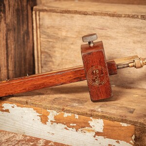 May include: A wooden marking gauge with a brass stem and a circular stamp on the head. The tool features a dark brown wooden beam and head, a metallic adjustment screw at the top, and a brass rod extending from the side with a knurled brass nut.