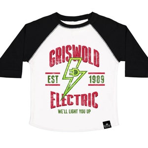 Griswold Electric We'll Light You Up Boys Christmas baseball Tee, kids Christmas shirts, Christmas tshirts for boys, boy youth Christmas tee