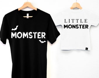 MOMSTER & LITTLE MONSTER Adult + Mini Matching Halloween T-Shirts, kids Halloween monster shirts, matching mom and toddler Halloween shirts
