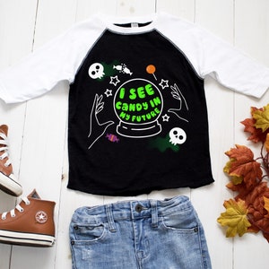I See Candy In My Future Boys Halloween Baseball T-Shirt, kids Halloween shirts, Halloween shirt boys, boys pumpkin patch tee, boys clothes