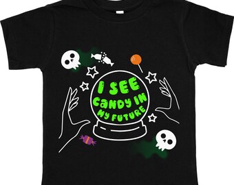 私の将来にキャンディーが見えるハロウィンシャツ 男の子または幼児用Tシャツ、男の子用ハロウィンTシャツ、男の子用秋シャツ、男の子用ハロウィン服