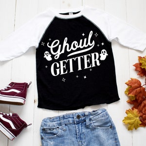 GHOUL GETTER Boy's Halloween Baseball T-shirt, halloween shirts for boys, boys halloween shirts, baby boy halloween tshirts, boys fall