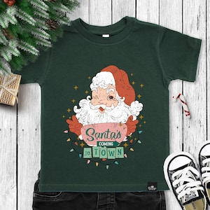 Santa&#39;s Coming to Town Vintage Boys Christmas Tshirt, kids Christmas shirt, baby boys Santa Claus Christmas shirts, boys youth Christmas tee
