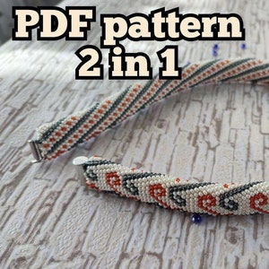 May include: A close-up of a white, grey and orange beaded necklace with a geometric pattern. The necklace is made of two different designs, both of which are shown in the image. The text "PDF pattern 2 in 1" is visible in the image.