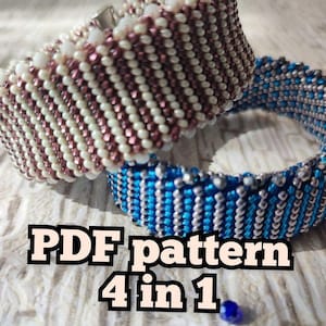 Könnte beinhalten: Zwei Perlenarmbänder, eines mit weißen und braunen Perlen und das andere mit blauen und silbernen Perlen. Die Armbänder sind übereinander gestapelt. Der Text "PDF pattern 4 in 1" steht unter den Armbändern.