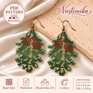 May include: A pair of beaded earrings shaped like oak leaves with two brown acorns, crafted in shades of green, tan, and brown. The design includes a PDF pattern label, the text Nastemika, and icons for a bead chart, word chart, Miyuki Delica 11/0 beads, 6 colors, and dimensions of 1.69 x 1.34 inches.