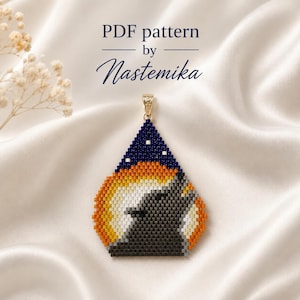 May include: A beaded pendant featuring a wolf silhouette against a circular moon with orange and yellow gradients, set against a dark blue starry sky. The text "PDF pattern by Nastemika" is displayed above the pendant in dark blue lettering.