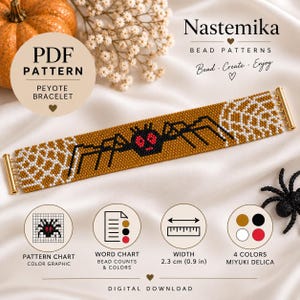 Könnte beinhalten: Ein digitales PDF-Peyote-Armbandmuster von Nastemika mit einem Spinnen- und Netzdesign in Gold, Schwarz, Weiß und Rot. Das Armband hat goldfarbene Endstücke und eine Breite von 2,3 cm. Enthält ein Musterdiagramm, eine Wortliste und Farbangaben.