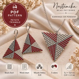 May include: A PDF pattern for peyote triangle earrings or a pendant by Nastemika. The design features a geometric pattern in red, white, and gray beads. Includes a bead chart, word chart, and specifies Miyuki Delica 11/0 beads in 3 colors. Dimensions are 2.0 x 2.3 inches.